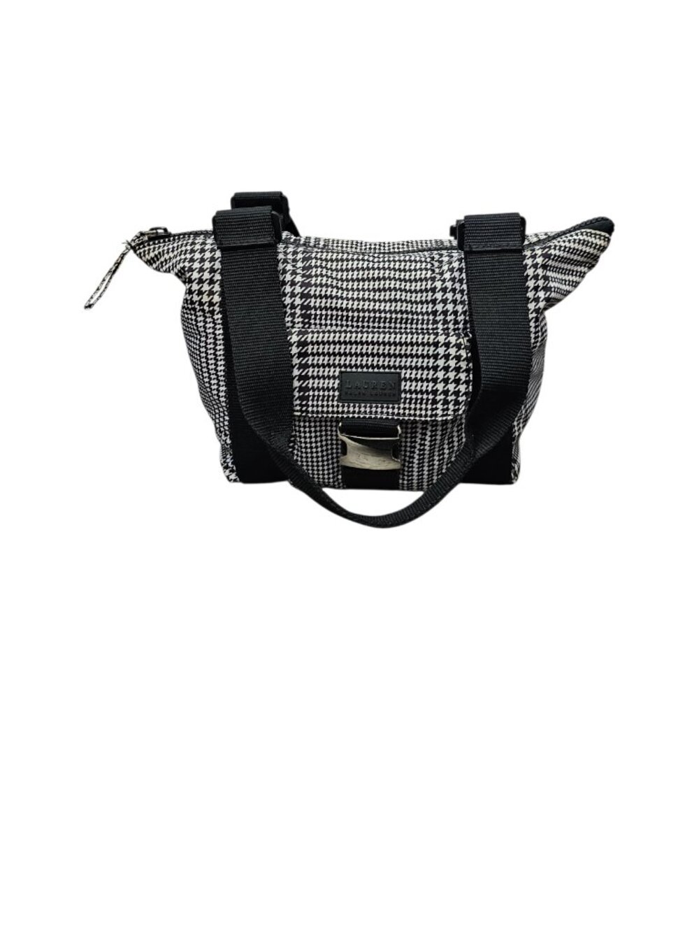 Lauren Ralph Lauren Houndstooth Satchel Nylon Shoulder Handbag Black And White - Picture 6 of 13